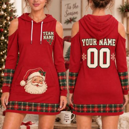 Picture of Personalized Christmas Santa Hoodie Dress, Custom Name Number Christmas Jersey Dress, Red Plaid Cold Shoulder Dress, Christmas Gift for Her