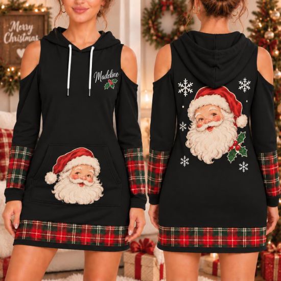 Picture of Personalized Santa Christmas Hoodie Dress, Custom Name Vintage Santa Dress, Red Plaid Cold Shoulder Dress, Christmas Gift for Her