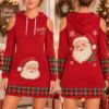 Picture of Personalized Santa Christmas Hoodie Dress, Custom Name Vintage Santa Dress, Red Plaid Cold Shoulder Dress, Christmas Gift for Her