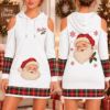 Picture of Personalized Santa Christmas Hoodie Dress, Custom Name Vintage Santa Dress, Red Plaid Cold Shoulder Dress, Christmas Gift for Her