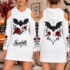 Picture of Personalized Gothic Bat Hoodie Dress, Custom Name Off Shoulder Halloween Mini Dress, Red Rose Goth Hooded Dress, Spooky Gift for Women