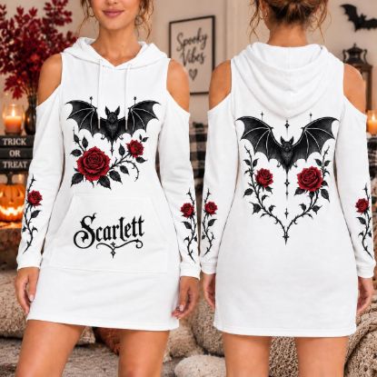 Picture of Personalized Gothic Bat Hoodie Dress, Custom Name Off Shoulder Halloween Mini Dress, Red Rose Goth Hooded Dress, Spooky Gift for Women
