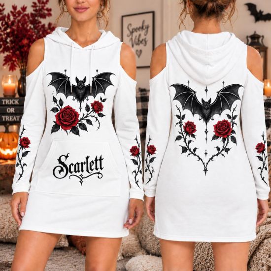 Picture of Personalized Gothic Bat Hoodie Dress, Custom Name Off Shoulder Halloween Mini Dress, Red Rose Goth Hooded Dress, Spooky Gift for Women