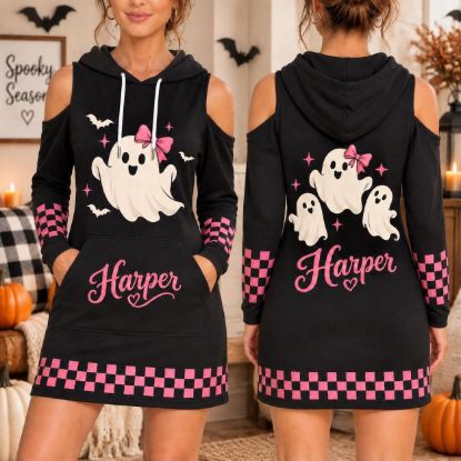 Picture of Personalized Pink Ghost Halloween Hoodie Dress, Custom Name Spooky Ghost Dress, Cold Shoulder Hooded Mini Dress, Halloween Gift for Her