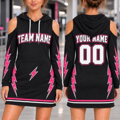 Picture of Personalized Team Hoodie Dress, Custom Name Number Sports Dress, Pink Lightning Cold Shoulder Jersey Dress, Team Gift for Women Christmas