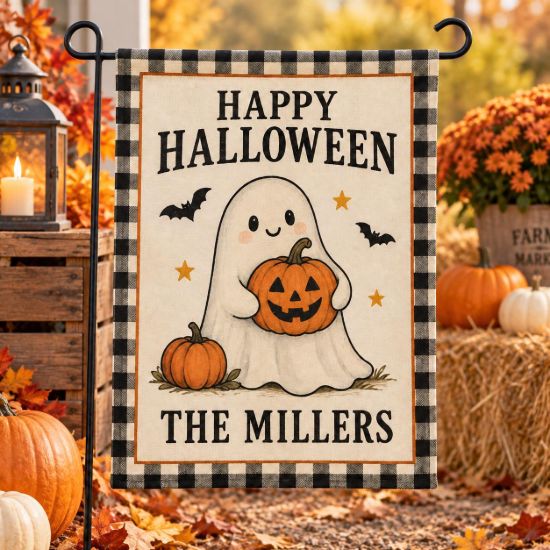 Picture of Personalized Halloween Garden Flag, Custom Family Name Ghost Flag, Cute Pumpkin Yard Decor, Fall Porch Garden Flag, Halloween Gift Flag