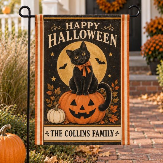 Picture of Personalized Black Cat Halloween Garden Flag, Custom Family Name Flag,Pumpkin Yard Decor, Vintage Halloween Porch Decor, Fall Gift Halloween