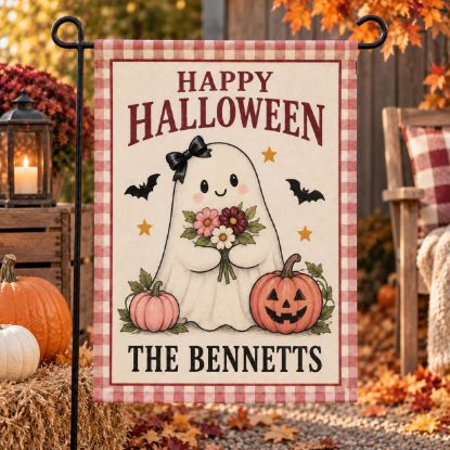 Picture of Personalized Pink Halloween Garden Flag, Custom Family Name Ghost Flag, Cute Pumpkin Fall Yard Decor, Girly Halloween Porch Decor