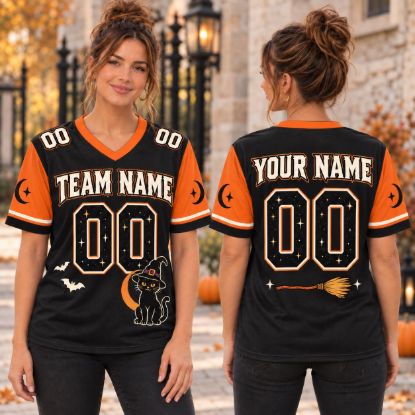 Picture of Personalized Halloween Jersey, Custom Name Number Sports Jersey, Black Cat Witch Shirt, Spooky Team Jersey, Halloween Gift for Women