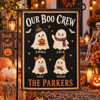 Picture of Personalized Halloween Garden Flag, Custom Family Boo Crew Flag, Kids Name Ghost Yard Decor, Cute Halloween Porch Flag, Family Gift