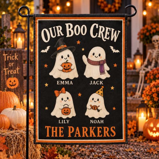 Picture of Personalized Halloween Garden Flag, Custom Family Boo Crew Flag, Kids Name Ghost Yard Decor, Cute Halloween Porch Flag, Family Gift