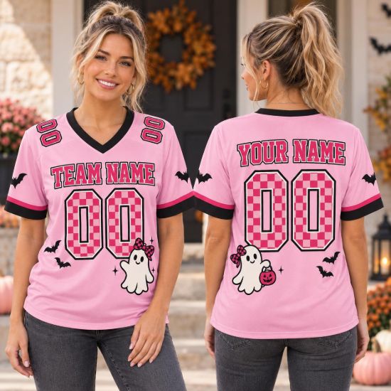 Picture of Personalized Pink Halloween Jersey, Custom Name Number Sports Jersey, Cute Ghost Team Shirt, Spooky Season Jersey, Halloween Gift Jersey