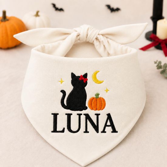 Picture of Personalized Embroidered Dog Bandana, Custom Pet Name Halloween Bandana, Black Cat Pumpkin Embroidery, Spooky Pet Gift 2026