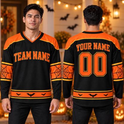 Picture of Personalized Halloween Hockey Jersey, Custom Name Number Jersey, Spider Web Bat Team Shirt, Spooky Sports Jersey, Halloween Gift 2026