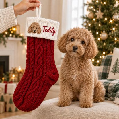Picture of Personalized Embroidered Dog Christmas Stocking, Custom Pet Name Knit Stocking, Dog Portrait Embroidery, Pet Holiday Gift 2026 Christmas
