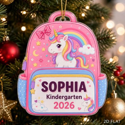 Picture of Unicorn Kindergarten Ornament, Personalized Backpack Keepsake, Custom Name School Gift, Preschool Graduation Ornament, Class of 2026 Gift