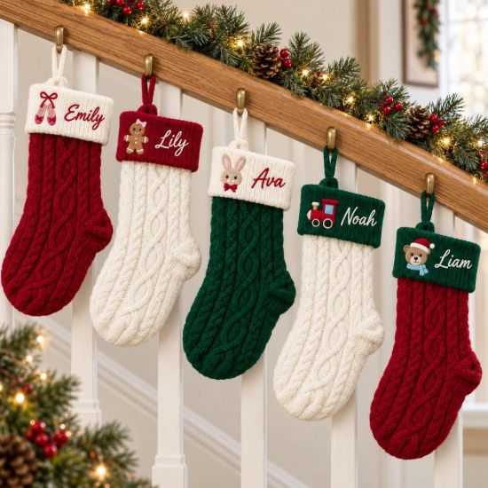 Picture of Personalized Embroidered Christmas Stocking, Custom Name Knit Stocking, Kids Holiday Character Embroidery, Family Stocking Gift 2026