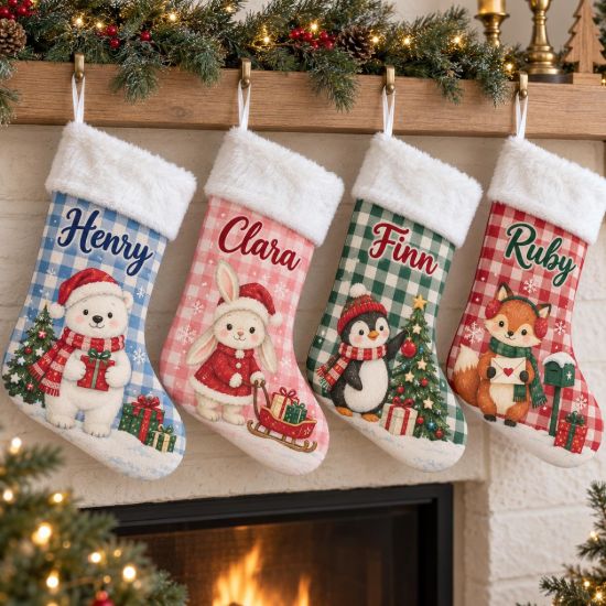 Picture of Personalized Christmas Stocking, Custom Name Animal Stocking, Cute Bear Bunny Penguin Fox Holiday Stocking, Kids Christmas Gift 2026