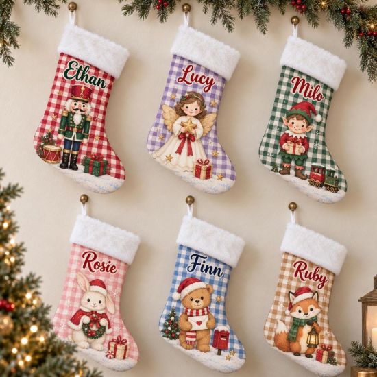 Picture of Personalized Christmas Stocking, Custom Name Kids Stocking, Nutcracker Angel Elf Bunny Bear Fox Holiday Stocking, Christmas Gift 2026 Kids