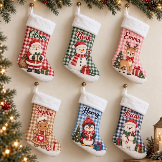 Picture of Personalized Christmas Stocking, Custom Name Kids Stocking, Santa Snowman Reindeer Gingerbread Penguin Bear Holiday Gift 2026