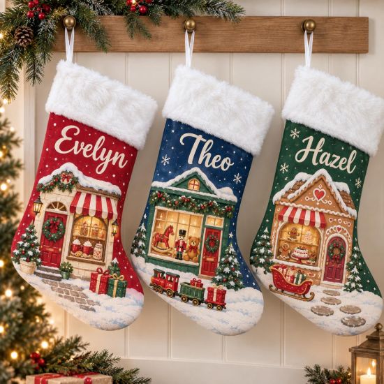 Picture of Personalized Christmas Stocking, Custom Name Holiday Stocking, Christmas Village Stocking, Kids Family Stocking, Christmas Gift 2026