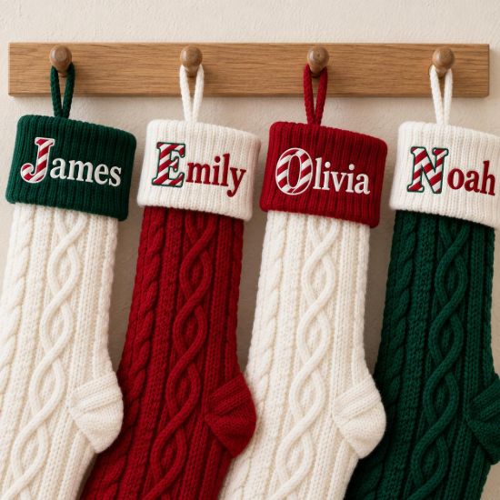 Picture of Personalized Embroidered Christmas Stocking, Custom Name Knit Stocking, Candy Cane Initial Stocking, Family Christmas Decor 2026