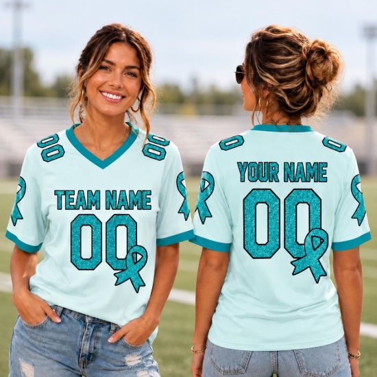 Picture of Personalized Ovarian Cancer Awareness Jersey, Custom Name Number Teal Ribbon Shirt, Ovarian Cancer Support Team Jersey, Gift 2026 Support