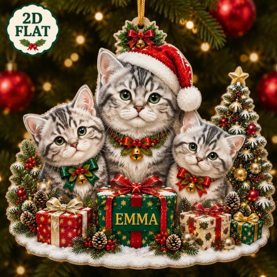 Picture of Personalized Silver Tabby Cat Christmas Ornament 2026, Custom Name Three Tabby Cat Acrylic Ornament, Cat Family Christmas Gift, Cat Keepsake