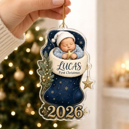 Picture of Baby First Christmas Ornament, Personalized Stocking Keepsake, Custom Newborn Name Acrylic Ornament, 2026 Baby Holiday Gift, Christmas Decor