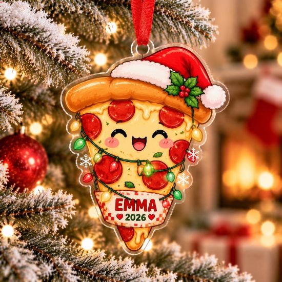 Picture of Pizza Christmas Ornament, Personalized Food Acrylic Ornament, Custom Name Pizza Lover Tree Decor, Cute Holiday Keepsake Gift For Foodies