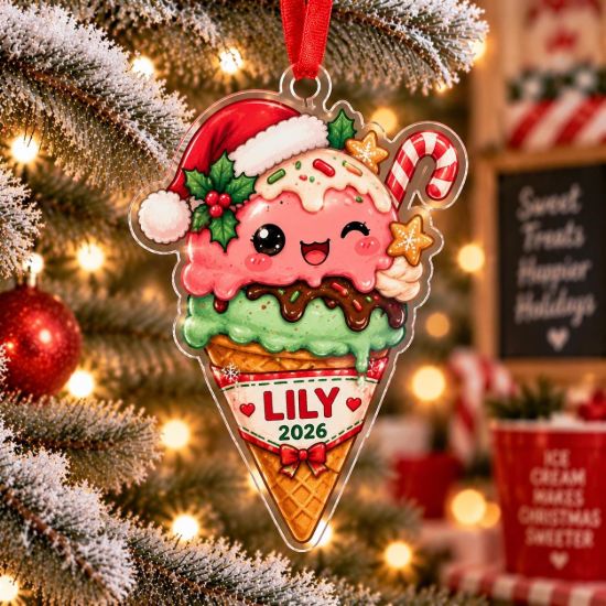 Picture of Ice Cream Christmas Ornament, Personalized Food Acrylic Ornament, Custom Name Dessert Tree Decor, Cute Sweet Treat Holiday Keepsake Gift