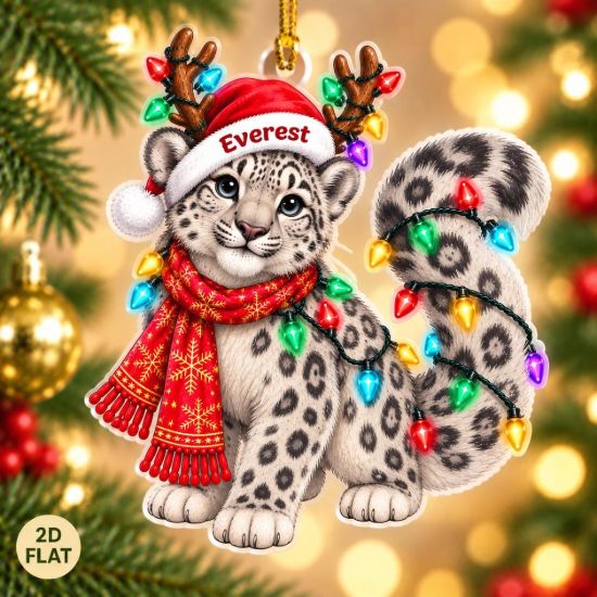 Picture of Snow Leopard Christmas Ornament, Personalized Leopard Acrylic Ornament, Custom Name Wildlife Tree Decor, Cute Winter Animal Holiday Gift