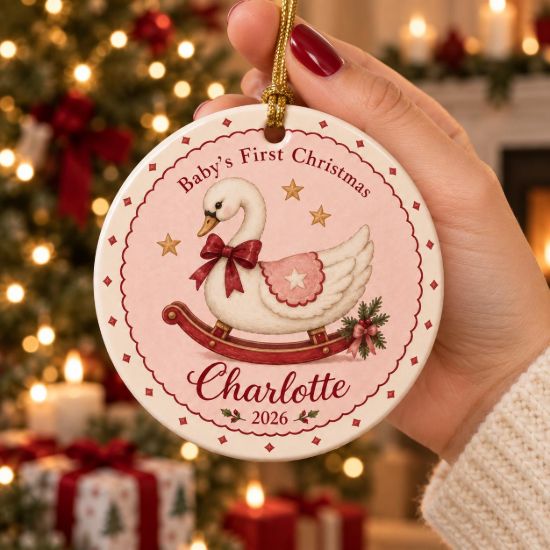 Picture of Personalized Baby First Christmas Ornament 2026, Custom Name Swan Ceramic Ornament, Baby Girl 1st Christmas Keepsake, Newborn Gift