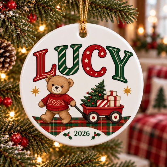 Picture of Personalized Teddy Bear Christmas Ornament 2026, Custom Name Kids Ceramic Ornament, Christmas Bear Acrylic Ornament, Child Keepsake Gift