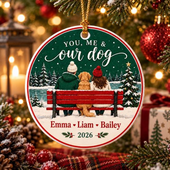 Picture of Personalized Couple and Dog Christmas Ornament 2026, Custom Names Pet Family Ceramic Ornament, You Me & Our Dog Keepsake Gift
