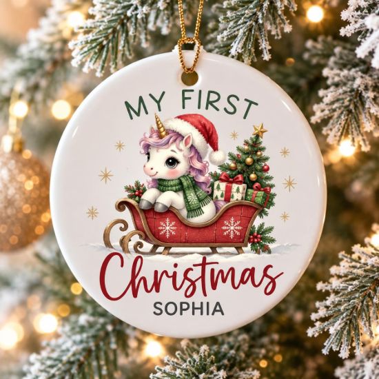 Picture of Personalized Unicorn First Christmas Ornament 2026, Custom Name Baby Girl Ceramic Ornament, Magical Unicorn Acrylic Ornament, Kids Xmas Gift