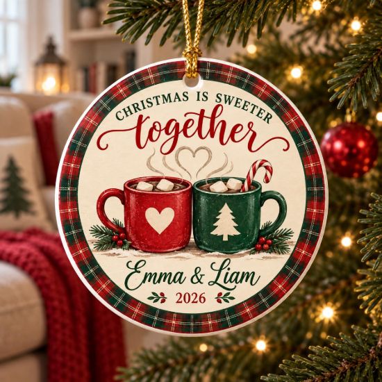 Picture of Personalized Couple Christmas Ornament 2026, Custom Hot Cocoa Ceramic Ornament, Christmas Is Sweeter Together Acrylic Ornament, Couple Gift