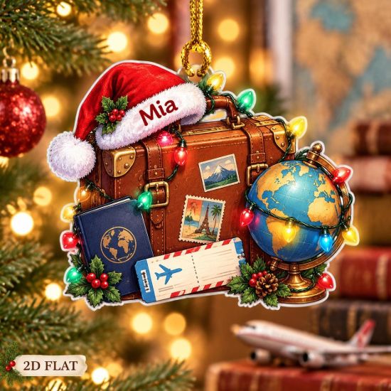 Picture of Travel Christmas Ornament, Personalized Travel Acrylic Ornament, Custom Name Suitcase Globe Tree Decor, Traveler Holiday Keepsake Gift 2026