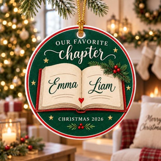 Picture of Personalized Couple Christmas Ornament 2026, Custom Names Book Lover Ceramic Ornament, Our Favorite Chapter Christmas Keepsake Gift Couple