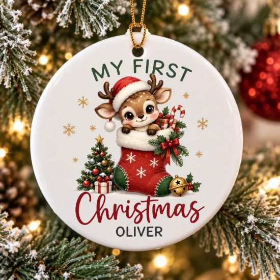 Picture of Personalized Reindeer First Christmas Ornament 2026, Custom Name Baby Deer Ceramic Ornament, Baby’s 1st Christmas Acrylic Ornament, Kid Gift
