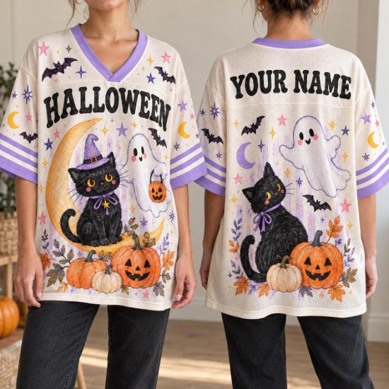 Picture of Personalized Halloween Mesh Jersey, Custom Name Black Cat Ghost Shirt, Cute Pumpkin Witch Jersey, Spooky Halloween Sports Gift for Her