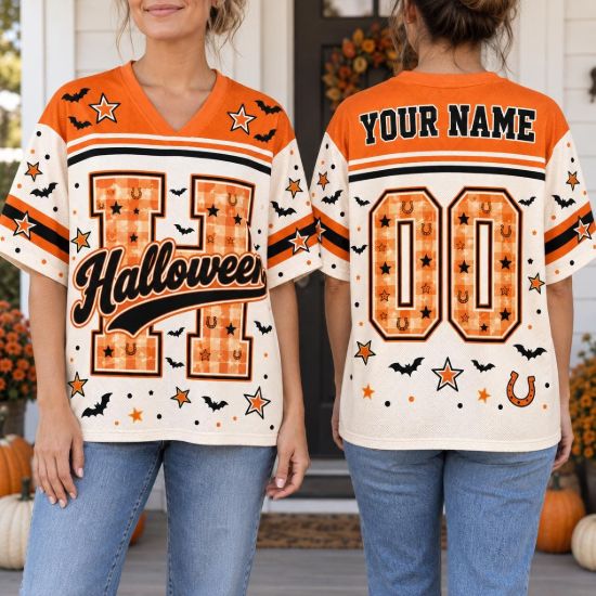Picture of Personalized Halloween Mesh Jersey, Custom Name & Number Shirt, Orange Varsity Halloween Jersey, Spooky Bat Sports Jersey, Halloween Gift