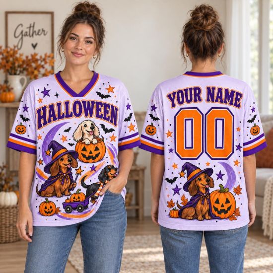 Picture of Personalized Dog Halloween Mesh Jersey, Custom Name & Number Shirt, Cute Dachshund Pumpkin Jersey, Spooky Pet Lover Halloween Gift Jersey
