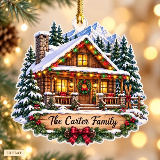 Picture of Personalized Family Cabin Christmas Ornament, Custom Family Name Ornament, Mountain Lodge Christmas Decor, Rustic Cabin Family Gift 2026