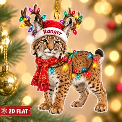 Picture of Personalized Lynx Christmas Ornament, Custom Name Bobcat Ornament, Reindeer Antler Wild Cat 2D Flat Acrylic Ornament, Animal Lover Gift