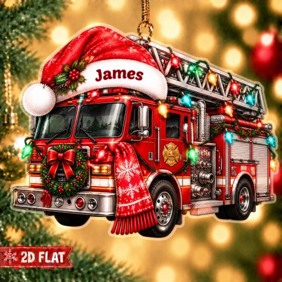 Picture of Personalized Fire Truck Christmas Ornament, Custom Firefighter Name Ornament, Fireman Gift, First Responder Christmas Gift, 2D Flat Keepsake