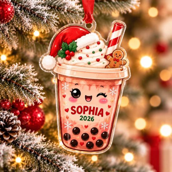 Picture of Personalized Boba Tea Christmas Ornament, Custom Name & Year Bubble Tea Ornament, Kawaii Boba Lover Gift, 2D Flat Christmas Holiday Keepsake