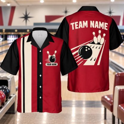 Picture of Personalized Retro Bowling Shirt, Custom Team Name Bowling Button Up, Red Black Vintage Bowling Shirt, Bowler Gift for Men Women