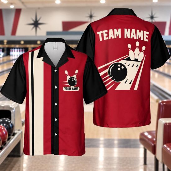Picture of Personalized Retro Bowling Shirt, Custom Team Name Bowling Button Up, Red Black Vintage Bowling Shirt, Bowler Gift for Men Women