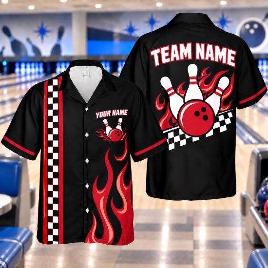 Picture of Personalized Bowling Shirt, Custom Team Name Flame Bowling Button Up, Racing Checkered Bowling Shirt, Bowler Team Gift Bowling Shirt